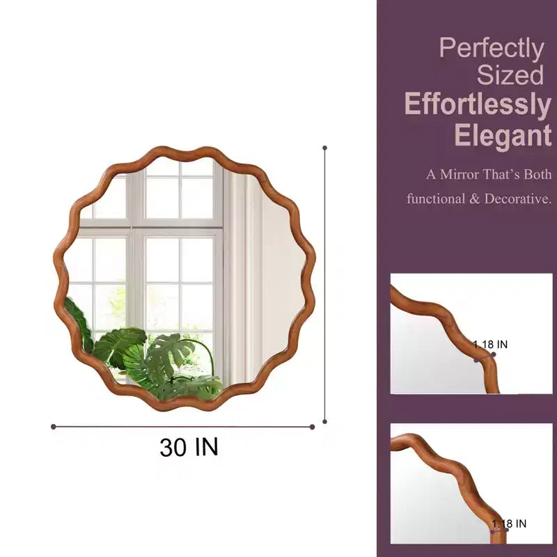 Miroir décoratif rond ondulé Whisen 30, cadre en bois massif, entrée