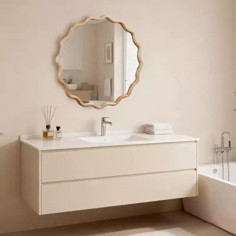 Miroir décoratif rond ondulé Whisen 30, cadre en bois massif, entrée