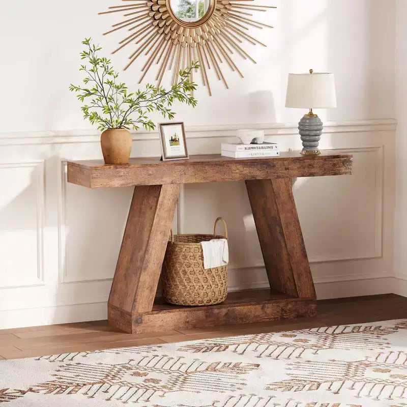 Console de ferme, table de canapé trapézoïdale en bois à 2 niveaux avec étagère de rangement ouverte, meuble d'entrée industriel pour entrée, couloir, salon