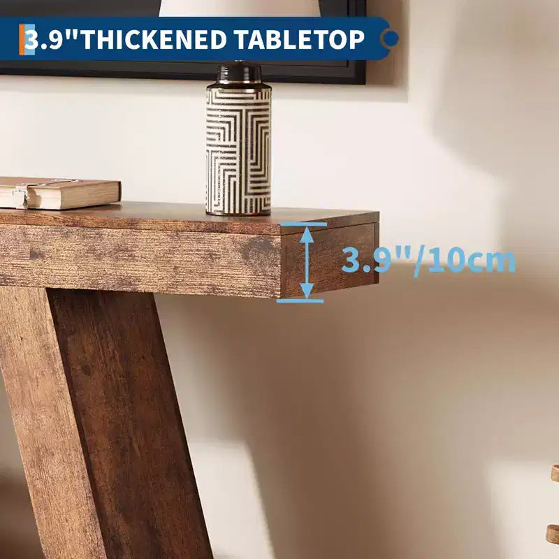 Console de ferme, table de canapé trapézoïdale en bois à 2 niveaux avec étagère de rangement ouverte, meuble d'entrée industriel pour entrée, couloir, salon