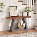 Console de ferme, table de canapé trapézoïdale en bois à 2 niveaux avec étagère de rangement ouverte, meuble d'entrée industriel pour entrée, couloir, salon