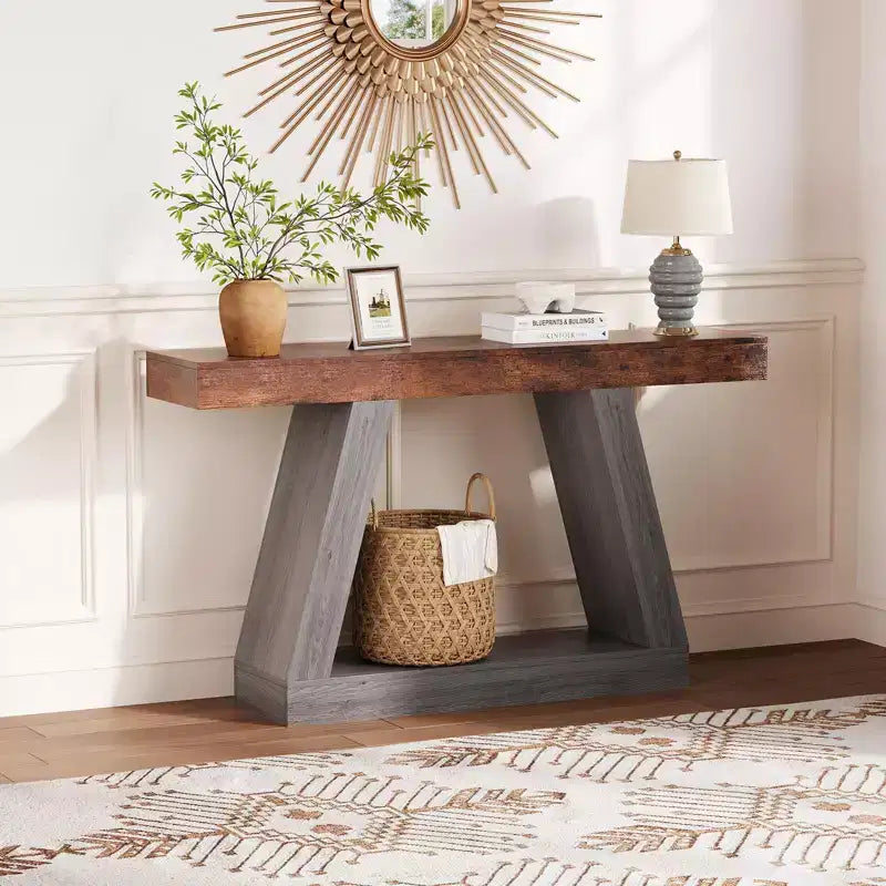 Console de ferme, table de canapé trapézoïdale en bois à 2 niveaux avec étagère de rangement ouverte, meuble d'entrée industriel pour entrée, couloir, salon