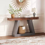 Console de ferme, table de canapé trapézoïdale en bois à 2 niveaux avec étagère de rangement ouverte, meuble d'entrée industriel pour entrée, couloir, salon