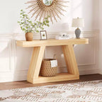Console de ferme, table de canapé trapézoïdale en bois à 2 niveaux avec étagère de rangement ouverte, meuble d'entrée industriel pour entrée, couloir, salon