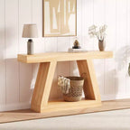 Console de ferme, table de canapé trapézoïdale en bois à 2 niveaux avec étagère de rangement ouverte, meuble d'entrée industriel pour entrée, couloir, salon