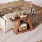Console de ferme, table de canapé trapézoïdale en bois à 2 niveaux avec étagère de rangement ouverte, meuble d'entrée industriel pour entrée, couloir, salon