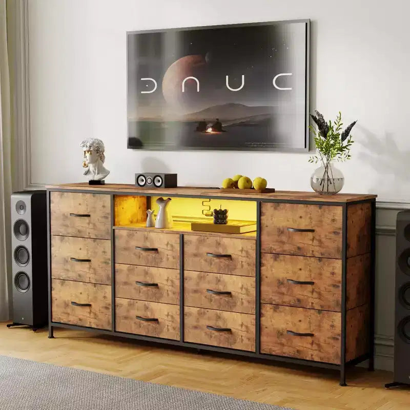 Meuble TV de 160 cm avec 12 tiroirs, prises de courant, LED et étagères ouvertes, meuble TV pour téléviseur de 75 pouces, commode pour chambre à coucher, salon
