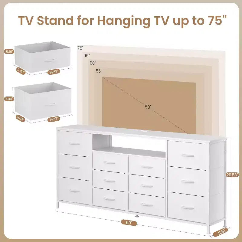 Meuble TV de 160 cm avec 12 tiroirs, prises de courant, LED et étagères ouvertes, meuble TV pour téléviseur de 75 pouces, commode pour chambre à coucher, salon