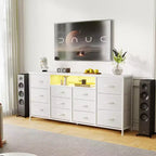 Meuble TV de 160 cm avec 12 tiroirs, prises de courant, LED et étagères ouvertes, meuble TV pour téléviseur de 75 pouces, commode pour chambre à coucher, salon