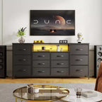 63in TV Stand with 12 Drawers, Power Outlets, LED & Open Shelves, Entertainment Center for 75in TV, Dresser Chest for Bedroom, Living Room