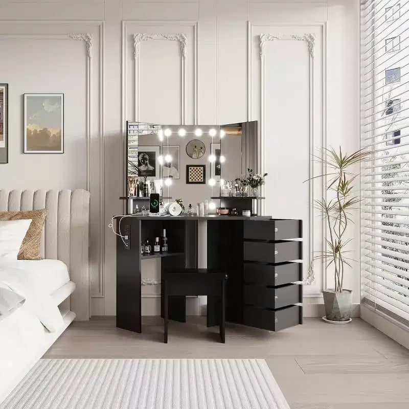 Coiffeuse de Maquillage - Ensemble Coiffeuse avec Lumières et Prise de Courant 5 Tiroirs Rotatifs 3 Éclairages Réglables, pour Chambre à Coucher