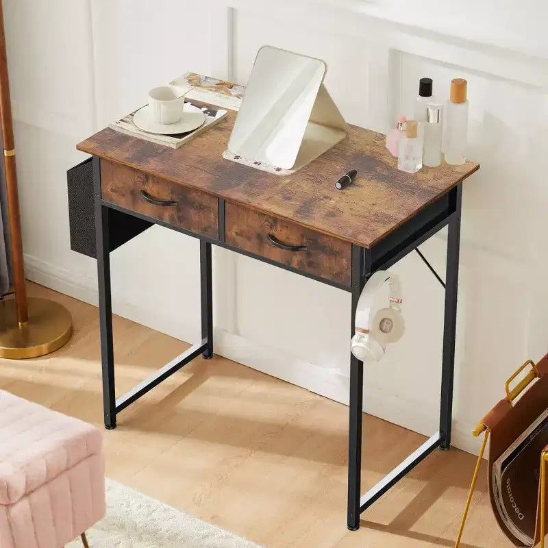 TUYOHW Bureau moderne avec 2 tiroirs et poche latérale de rangement, bureau d'ordinateur pour étudier, se maquiller et bricoler, hauteur 77,7 cm