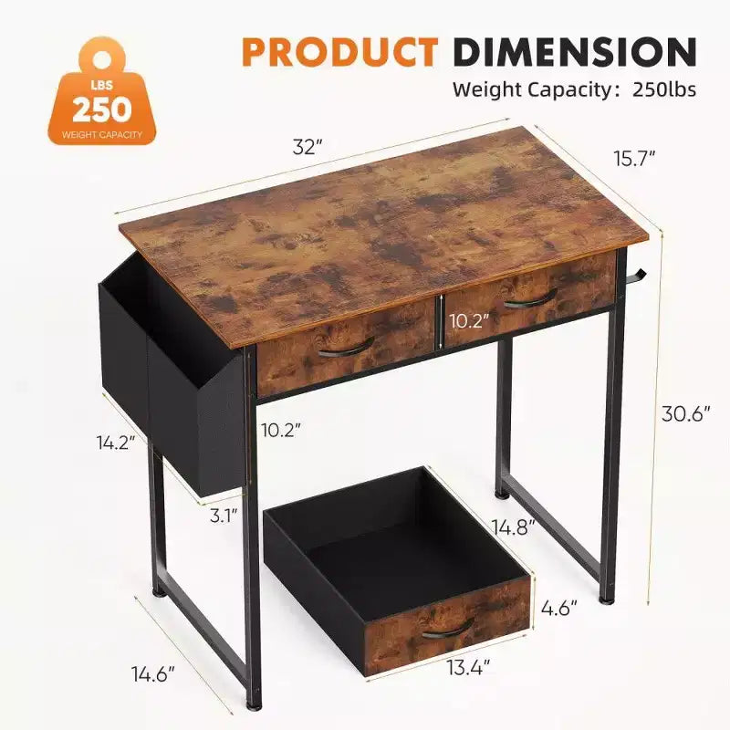 TUYOHW Bureau moderne avec 2 tiroirs et poche latérale de rangement, bureau d'ordinateur pour étudier, se maquiller et bricoler, hauteur 77,7 cm