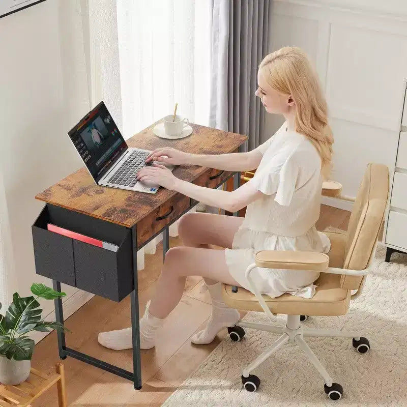 TUYOHW Bureau moderne avec 2 tiroirs et poche latérale de rangement, bureau d'ordinateur pour étudier, se maquiller et bricoler, hauteur 77,7 cm