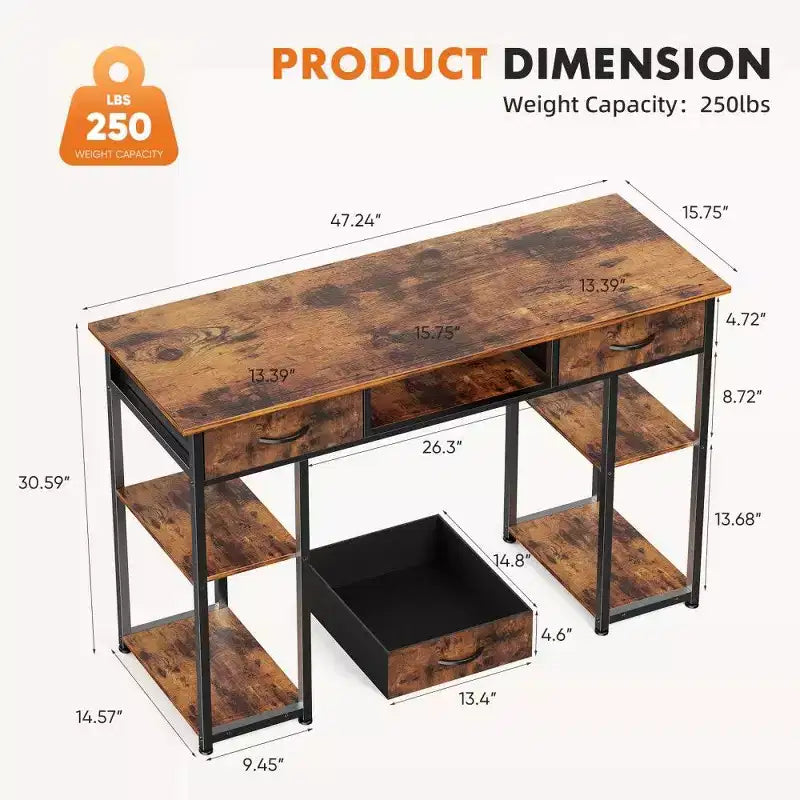 TUYOHW Bureau moderne avec 2 tiroirs et poche latérale de rangement, bureau d'ordinateur pour étudier, se maquiller et bricoler, hauteur 77,7 cm