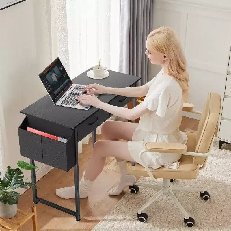 TUYOHW Bureau moderne avec 2 tiroirs et poche latérale de rangement, bureau d'ordinateur pour étudier, se maquiller et bricoler, hauteur 77,7 cm