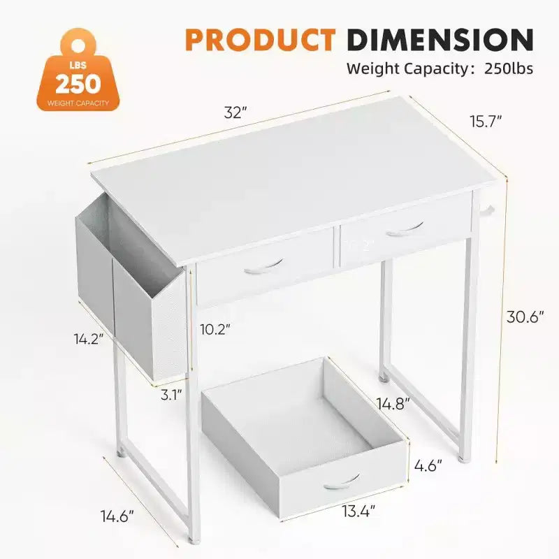 TUYOHW Bureau moderne avec 2 tiroirs et poche latérale de rangement, bureau d'ordinateur pour étudier, se maquiller et bricoler, hauteur 77,7 cm