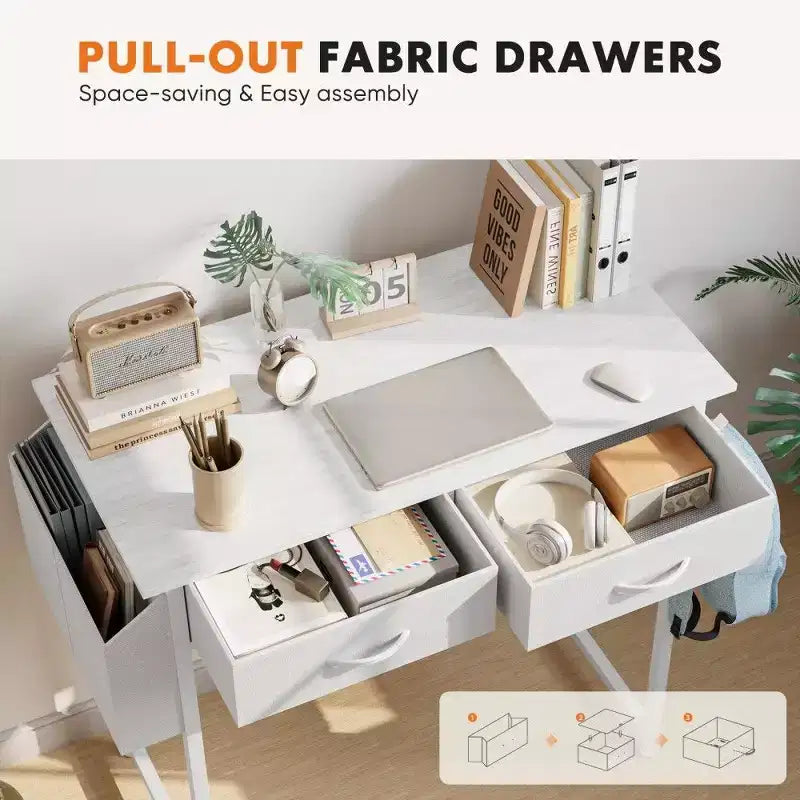 TUYOHW Bureau moderne avec 2 tiroirs et poche latérale de rangement, bureau d'ordinateur pour étudier, se maquiller et bricoler, hauteur 77,7 cm