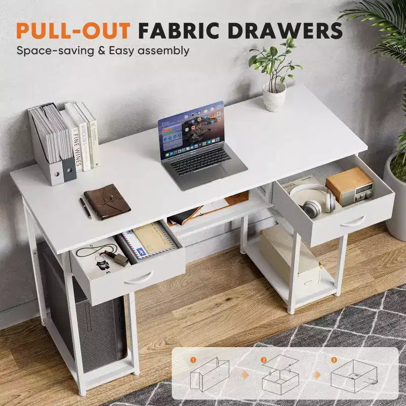 TUYOHW Bureau moderne avec 2 tiroirs et poche latérale de rangement, bureau d'ordinateur pour étudier, se maquiller et bricoler, hauteur 77,7 cm