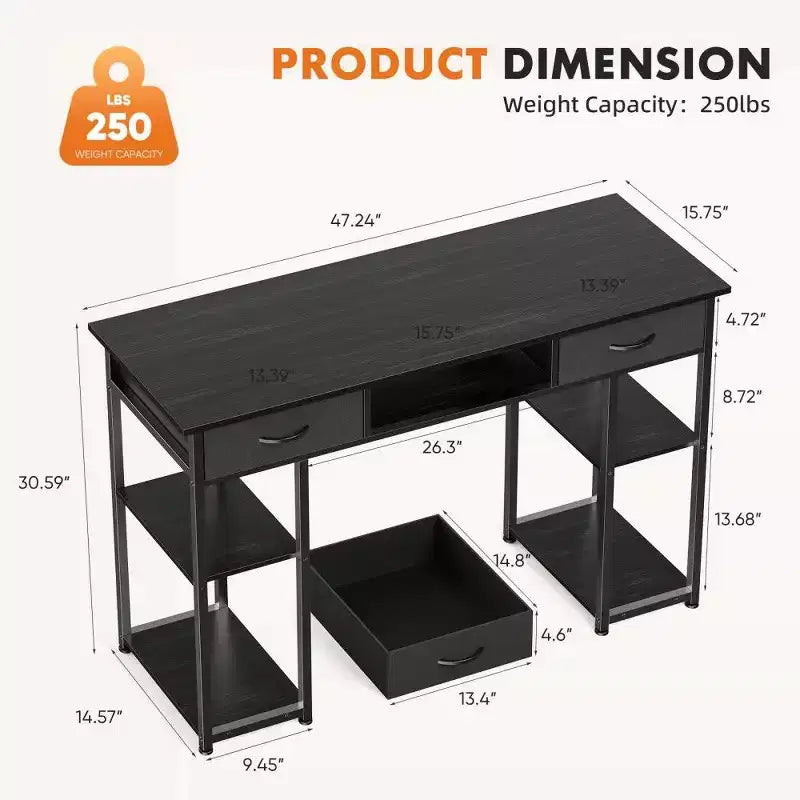 TUYOHW Bureau moderne avec 2 tiroirs et poche latérale de rangement, bureau d'ordinateur pour étudier, se maquiller et bricoler, hauteur 77,7 cm