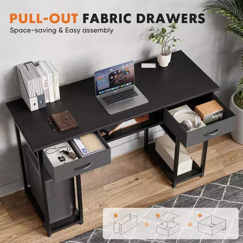TUYOHW Bureau moderne avec 2 tiroirs et poche latérale de rangement, bureau d'ordinateur pour étudier, se maquiller et bricoler, hauteur 77,7 cm