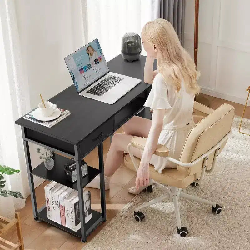TUYOHW Bureau moderne avec 2 tiroirs et poche latérale de rangement, bureau d'ordinateur pour étudier, se maquiller et bricoler, hauteur 77,7 cm