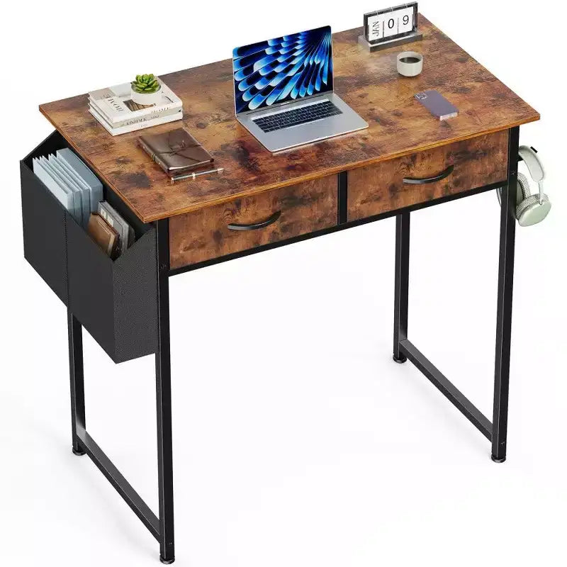 TUYOHW Bureau moderne avec 2 tiroirs et poche latérale de rangement, bureau d'ordinateur pour étudier, se maquiller et bricoler, hauteur 77,7 cm