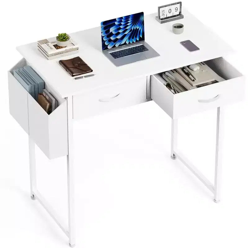 TUYOHW Bureau moderne avec 2 tiroirs et poche latérale de rangement, bureau d'ordinateur pour étudier, se maquiller et bricoler, hauteur 77,7 cm