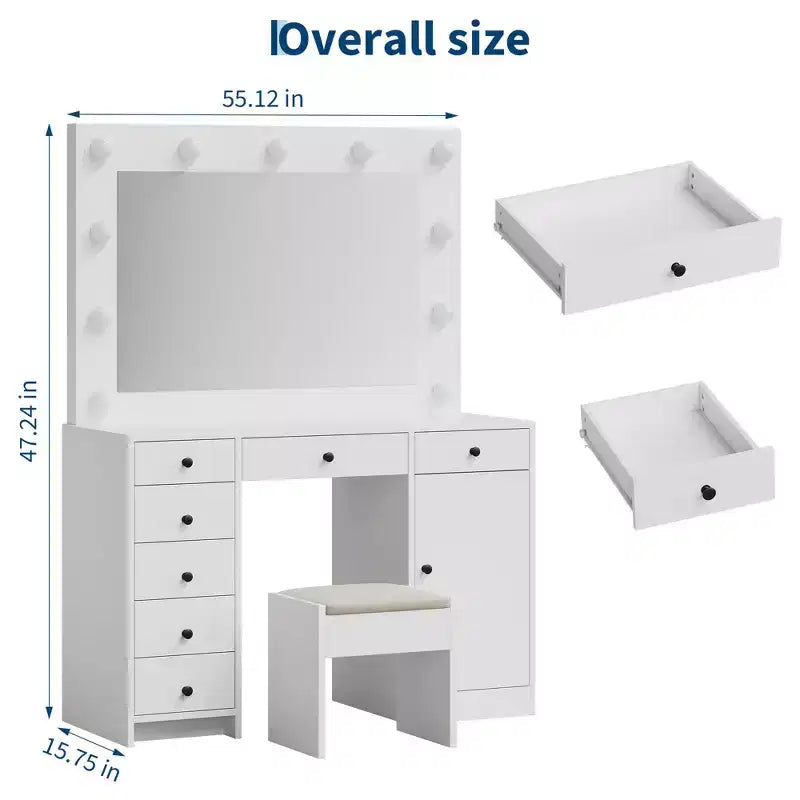 Coiffeuse blanche avec miroir, coiffeuse de maquillage avec 7 tiroirs, armoire et éclairage LED 3 couleurs, coiffeuse moderne en bois pour chambre à coucher