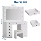 Coiffeuse blanche avec miroir, coiffeuse de maquillage avec 7 tiroirs, armoire et éclairage LED 3 couleurs, coiffeuse moderne en bois pour chambre à coucher