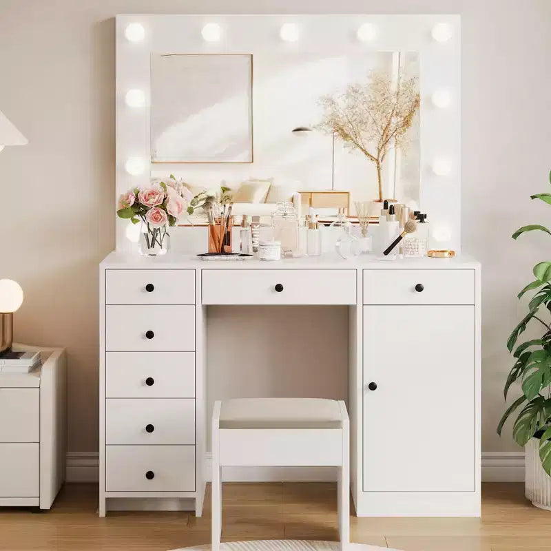Coiffeuse blanche avec miroir, coiffeuse de maquillage avec 7 tiroirs, armoire et éclairage LED 3 couleurs, coiffeuse moderne en bois pour chambre à coucher
