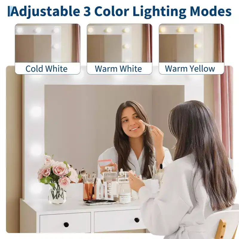 Coiffeuse blanche avec miroir, coiffeuse de maquillage avec 7 tiroirs, armoire et éclairage LED 3 couleurs, coiffeuse moderne en bois pour chambre à coucher