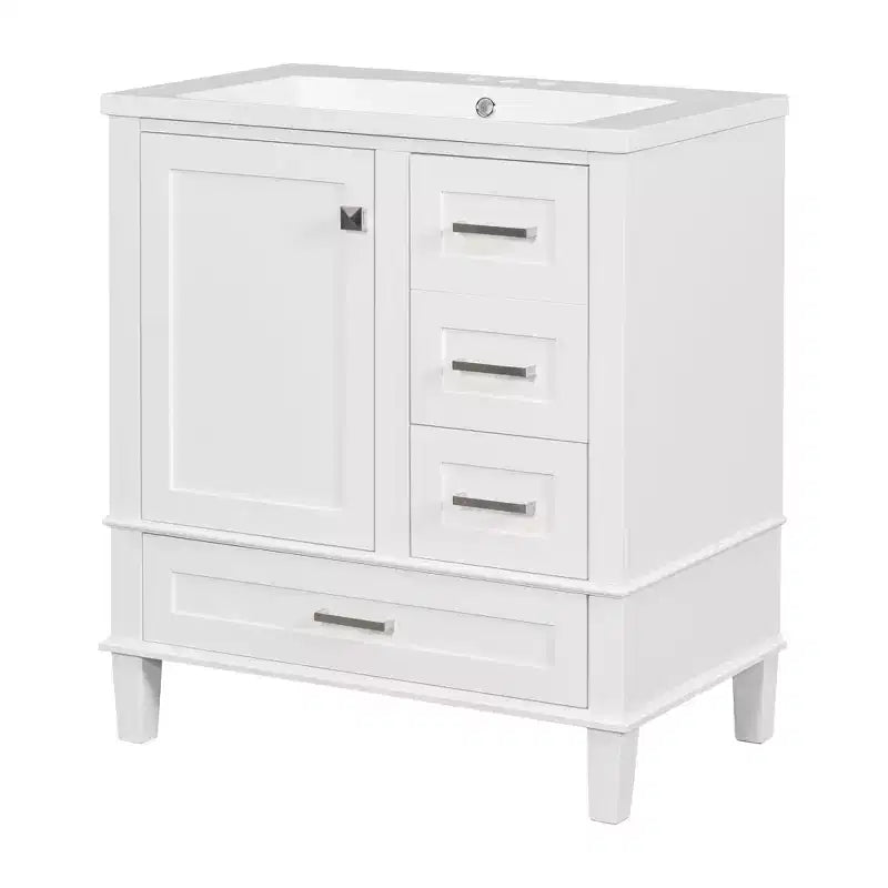 Meuble-lavabo de salle de bain de 76 cm avec évier en céramique sous plan, meuble de rangement de salle de bain moderne avec 3 tiroirs et 1 porte à fermeture douce