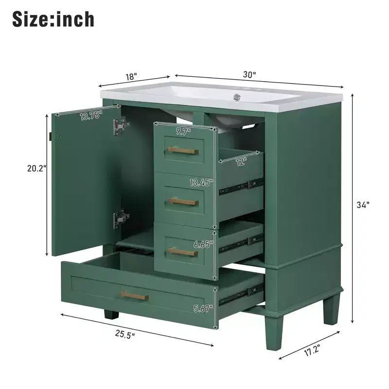 Meuble-lavabo de salle de bain de 76 cm avec évier en céramique sous plan, meuble de rangement de salle de bain moderne avec 3 tiroirs et 1 porte à fermeture douce