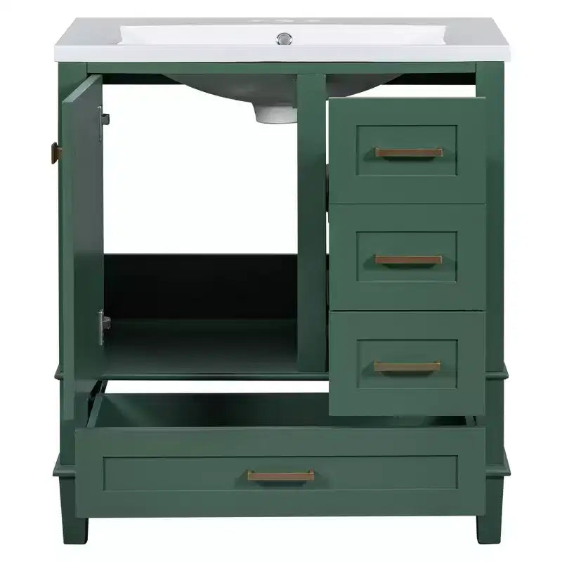 Meuble-lavabo de salle de bain de 76 cm avec évier en céramique sous plan, meuble de rangement de salle de bain moderne avec 3 tiroirs et 1 porte à fermeture douce