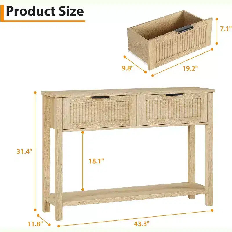 Console d'entrée de ferme de 43 po avec 2 tiroirs et 2 niveaux de rangement pour salon, foyer (couleur bois naturel)