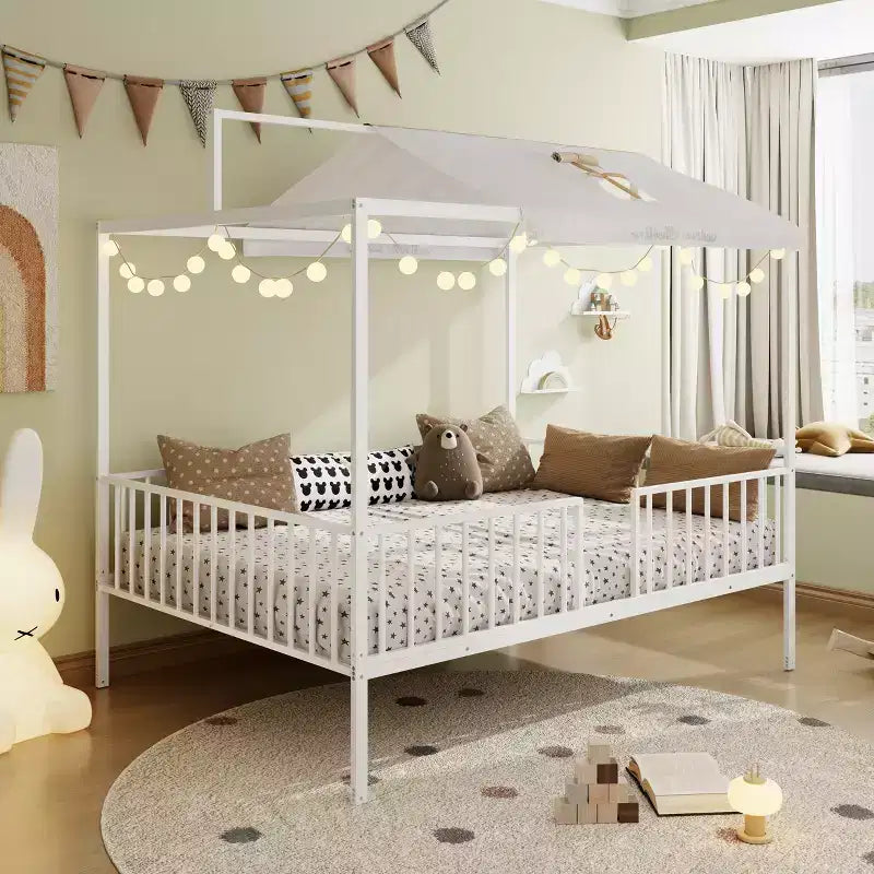 GDFStudio Dana Lit cabane moderne et minimaliste 3-en-1 avec cadre à baldaquin et lattes métalliques robustes