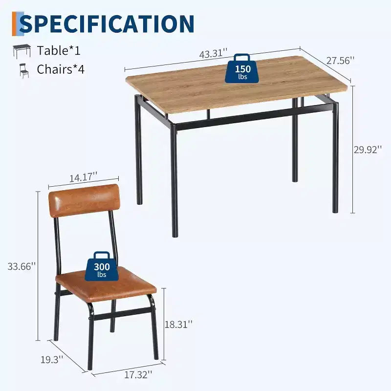 Ensemble de salle à manger industriel 5 pièces pour 4 personnes, table et chaises marron avec revêtement en similicuir, design compact pour petits espaces, surface facile à nettoyer