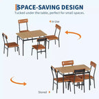 Ensemble de salle à manger industriel 5 pièces pour 4 personnes, table et chaises marron avec revêtement en similicuir, design compact pour petits espaces, surface facile à nettoyer