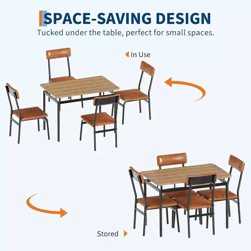 Ensemble de salle à manger industriel 5 pièces pour 4 personnes, table et chaises marron avec revêtement en similicuir, design compact pour petits espaces, surface facile à nettoyer