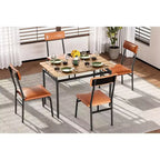 Ensemble de salle à manger industriel 5 pièces pour 4 personnes, table et chaises marron avec revêtement en similicuir, design compact pour petits espaces, surface facile à nettoyer