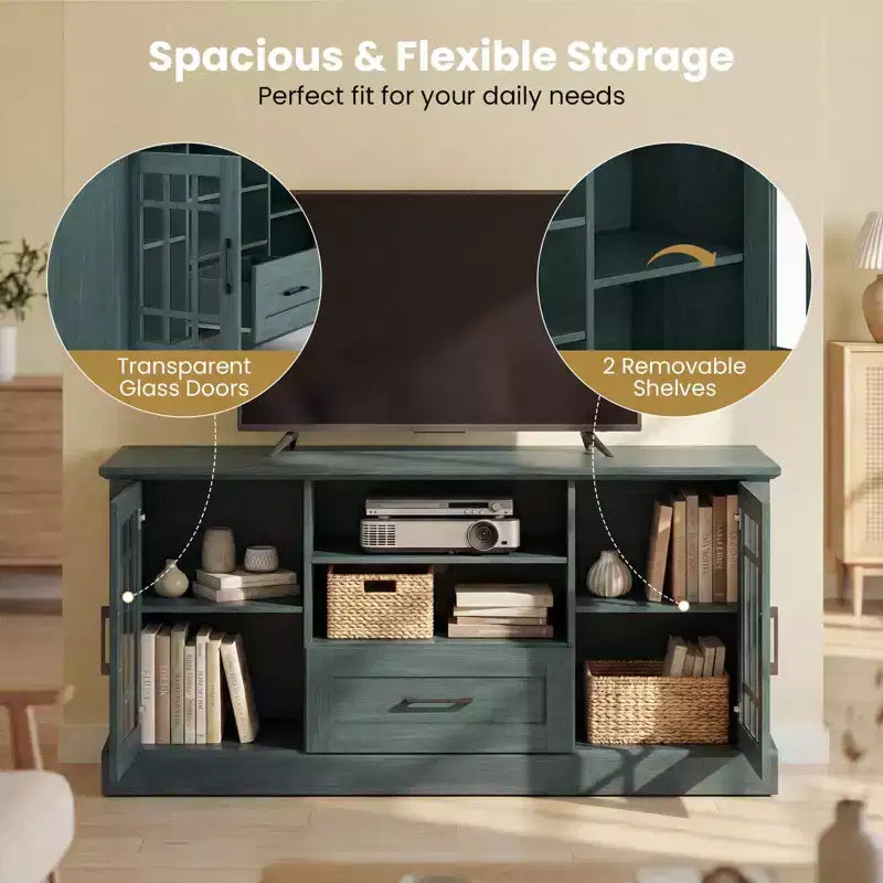 Meuble TV Costway de style ferme pour téléviseurs jusqu'à 70 pouces, centre multimédia avec portes vitrées, compartiments et tiroir, vert/blanc/noir