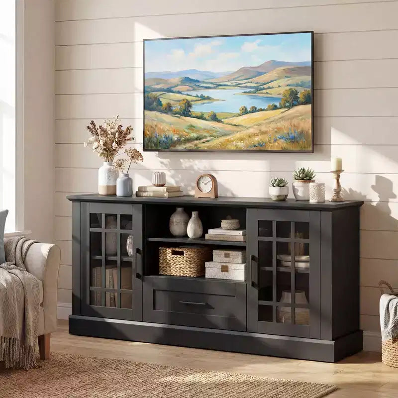 Meuble TV Costway de style ferme pour téléviseurs jusqu'à 70 pouces, centre multimédia avec portes vitrées, compartiments et tiroir, vert/blanc/noir