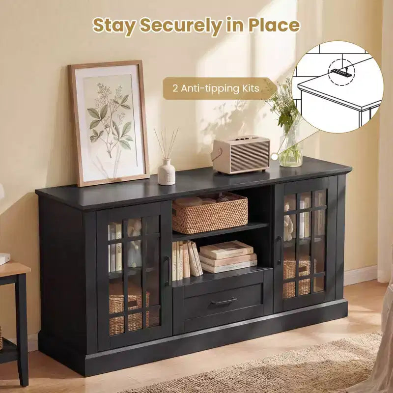 Meuble TV Costway de style ferme pour téléviseurs jusqu'à 70 pouces, centre multimédia avec portes vitrées, compartiments et tiroir, vert/blanc/noir