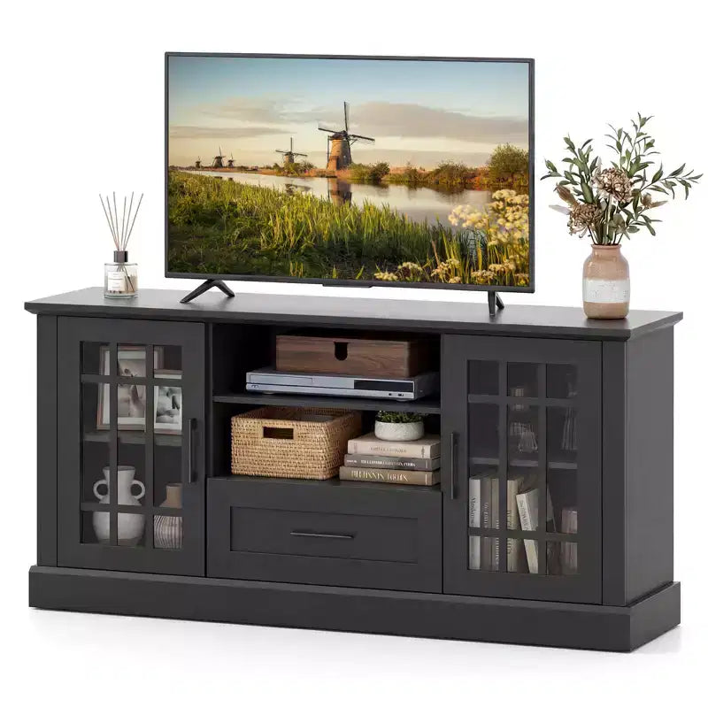 Costway Farmhouse TV Stand for TVs up to 70 Media Center with Glass Doors Cubbies & Drawer Green/White/Black