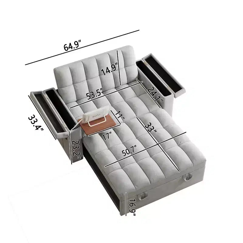 MAYEERTY Lit de canapé pliable 3 en 1 de 65 pouces pour ordinateur, canapé double moderne en velours avec dossier réglable, sac de rangement et oreiller, gris clair