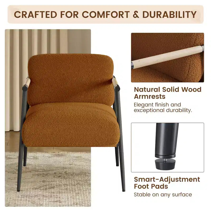 Fauteuil confortable, Fauteuil d'appoint moderne avec cadre en métal, Fauteuil de lecture douillet avec coussin moelleux et accoudoir en bois pour chambre à coucher, salon