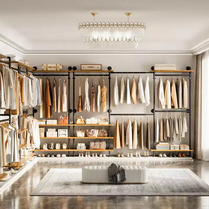 Portant à vêtements Besiost avec étagères en bois, système de rangement pour penderie