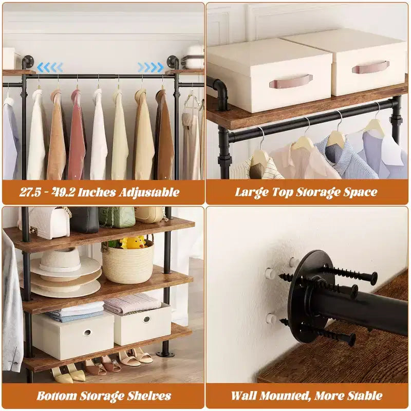 Portant à vêtements Besiost avec étagères en bois, système de rangement pour penderie