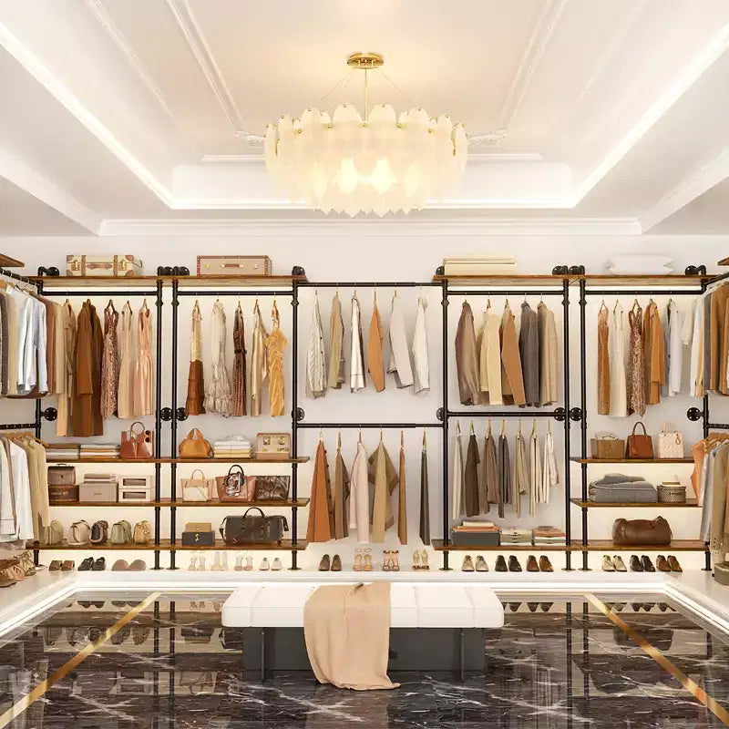 Portant à vêtements Besiost avec étagères en bois, système de rangement pour penderie